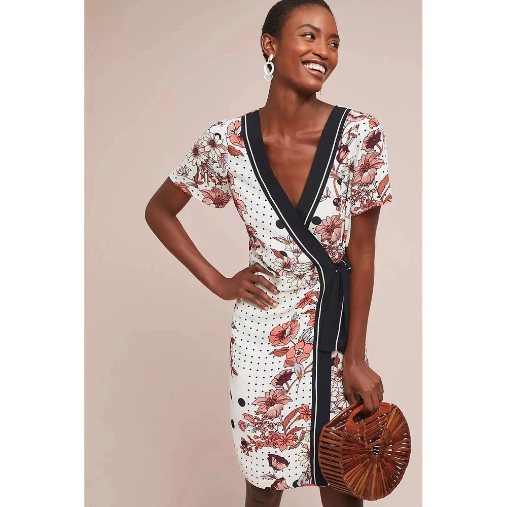 Anthropologie Maeve Women's Aubrey Floral Polka Dot Faux Wrap Tie Dress V-Neck 0